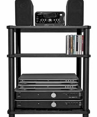 This Verona hi-fi unit is has a black wood finish and a black coloured frame. A simple. practical design gives you a great storage solution for hi-fi or digital media. Largest height between shelves - 34.5cm Maximum load weight - 10kg Size H59. W48. 