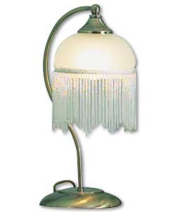 Opal glass shades and beaded fringe.Height 39cm.Diameter 18cm.In-line switch.Requires 1 x 60 watt