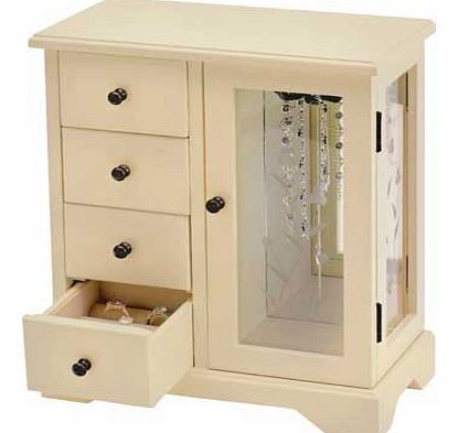 Any woman will love this elegant vintage style wooden jewellery box in classic cream. With a revolving necklace hanger. she can proudly display her beautiful accessories without risk of tangling and tuck away her hidden treasures in four pull-out dra