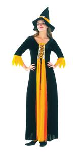 A lovely witches outfit in orange and black with drawstring tie across the chest. One size fits most
