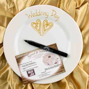 Signed and Sealed 27.5cm Gold Wedding Plate. Hand painted gold relief edged hearts filled with