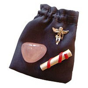 The Well Being Pouch contains a silver Guardian Angel for protection, a natural rose quartz for
