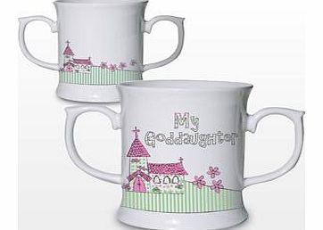 The Whimsical Church Goddaughter Mug makes a lovely keepsake gift to your Goddaughter on her Christening and is something she will use and keep for many years to come. The white ceramic mug has a gorgeous green and pink themed design on both sides. T