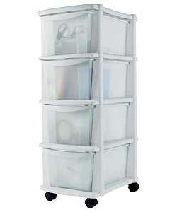 All around the home tidy up storage,White plastic frame with clear drawers.Size of tower (H)83, (W)3