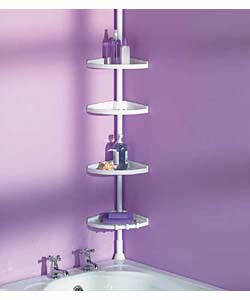 White metal pole and 4 adjustable plastic shelves. Designed to fit from ceiling to floor, or from