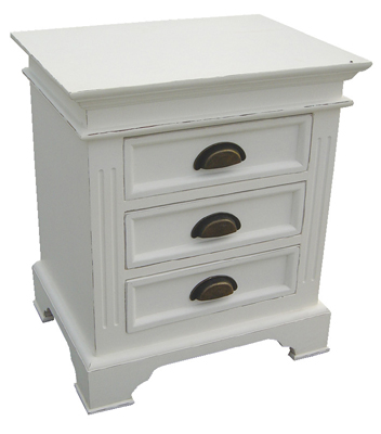 KRISTINA 3 DRAWER BEDSIDE CABINET IN A DISTRESSED WHITE PAINTED FINISH