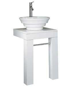 Particleboard stand. Size of stand (W)50, (D)48, (H)92cm. Sink diameter 46cm. Chrome mixer tap, pop-