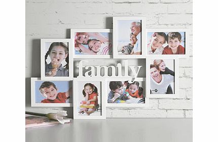 This White Family Multi Photo Frame is perfect for hanging on the wall and displaying eight favourite any family member photos within.Each frame has a matt white finish and is attached together in a contemporary style. There are eight frames  four w