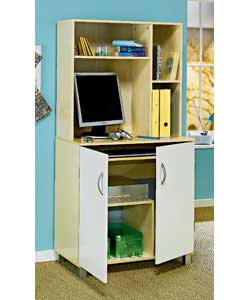 Size (H)158, (W)80, (D)45cm.Maple finish desk and CD storage unit with white finish doors and silver