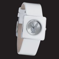Enamel-effect case with shiny chrome finish. Stone set bunny logo on a silver dial and a white