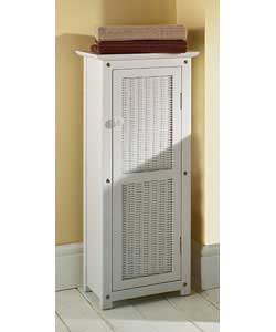 Rattan and wood shaker style storage cabinet with non-adjustable shelf inside and 1 door with white