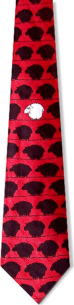 Black sheep on red silk with a single white sheep in the middle.