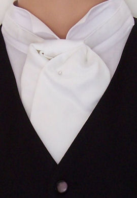 A plain white pre-tied wedding cravat with adjustable neckstrap and satin finish.