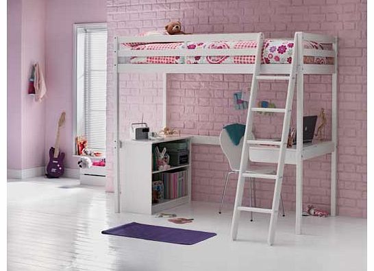 With this gorgeous white high sleeper you get a workspace. storage space and a bed all in one package. This White Wooden High Sleeper Bed/Storage with Bibby Mattress includes shelves. a desk and a bed with a mattress included. The included Bibby matt