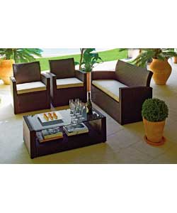 Includes sofa, 2 armchairs and a rectangular coffee table.Brown.Includes sofa cushions.Suitable for 