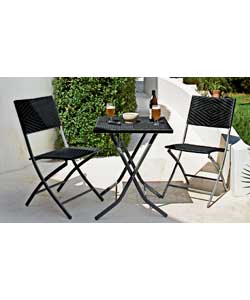 Silver and black colour.Square.Table and 2 chairs foldable for storage.Table size (H)70, (W)60, (D)6