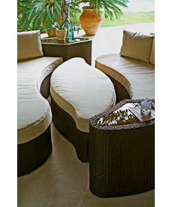 Includes 2 brown sofas with side tables and a footrest.Suitable for outside storage. Includes 8 back