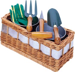 hand made gardeners basket and tools