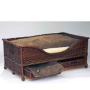 Stylish and practical, handmade wicker dog bed with a large pull out storage drawer for blankets