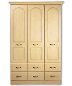 Maple effect finish with shaped cornice and embossed design on door fronts.Antique brass effect