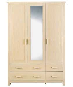 Birch-effect finish with wooden handles. 2 shelves and 2 hanging rails. Mirror on centre door. Size
