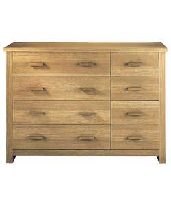 Size (H)90.5, (W)126.3, (D)42.5cm.Oak veneer finish with wooden handles.Drawers with smooth glide me