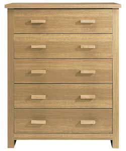 Oak veneer finish with wooden handles. 5 drawers with smooth glide metal runners.Fixings and