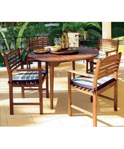 Table size, diameter 120cm, 40mm parasol hole and 4 chairs with cushions. Home delivery only
