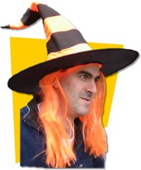Tall crooked hat with orange stripes and sewn in hair