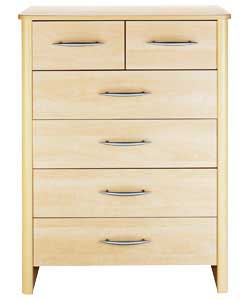 Maple finish chest with curved top. Silver finish plastic handles. 6 drawers with smooth glide
