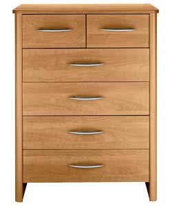 Oak finish chest with curved top. Silver finish plastic handles. 6 drawers with smooth glide metal