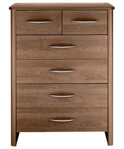 Walnut finish chest with curved top. Silver finish plastic handles. 6 drawers with smooth glide