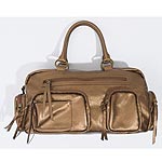 Bronze metallic bag with pocket detailing on front and sides. Outer: PU. Lining: Cotton. Size: 20 x