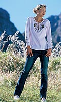 Long-sleeved embroidered tie-neck top. Washable. Cotton Voile