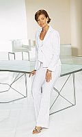 Sophisticated trouser suit with contrast pinstripe. Jacket has hook and eye fastening inside and