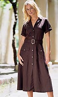 Button-up short-sleeved linen mix dress with belt detail. Length: 45ins. Washable. 55% linen, 45%