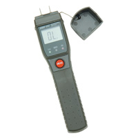 This digital moisture meter uses the principle of electrical resistance to measure the moisture cont