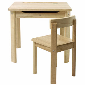 A traditional looking desk and chair made from sturdy pine. The desk has a hinged lid for storage sp