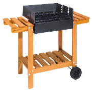 The wooden frame bench BBQ features a chrome plated cooking grid and is suitable for use with charco