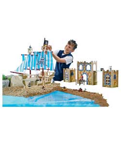 Includes Pirate ship, Pirate castle, Pirate figures and playmat.The captain and his Pirates sail