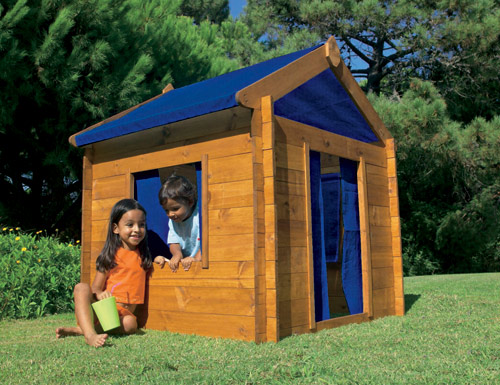 Fantastic little Wooden Playhouse with fabric curtains for windows  door and covering the roof  your