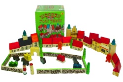 A charming traditional wooden toy village to set y