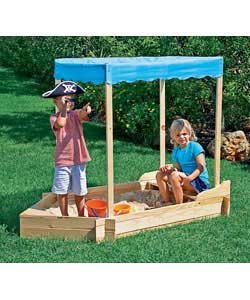 Row boat shape sand box with seating area and canopy.Made of treated wood.The canopy is for