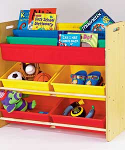 Plastic and canvas storage bins.Toy storage unit with 2 hammock style shelves and 4 plastic storage 