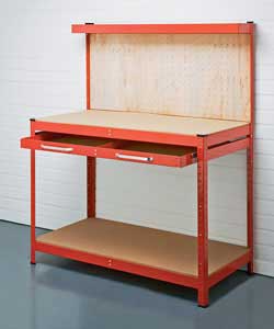 Heavy duty steel  work bench with red powder coated finish.Large capacity sliding drawer with 10in b