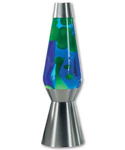 Silver effect base and cap.Blue and green wax.Height 69cm.Diameter 21cm.In-line switch.Includes 1 x