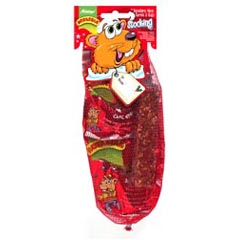A Christmas stocking for your hamster containing Choc Drops, Honey Nut Treat Bar, and Hamster Hoops.