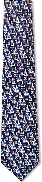 A lovely silk sailing tie featuring yachts and yachting equipment on a blue background.