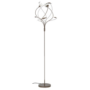 Organically-shaped antiqued lamp which has 3 lit arms with opal shades and decorative arms which
