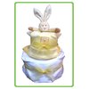 The Two Tier Nappy Cake is beautifully presented on a white cake board, wrapped in cellophane and de